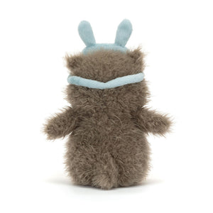 Hinteransicht der Jellycat Plüsch-Eule 24 cm mit niedlichem Ohrenschutz in Hellblau