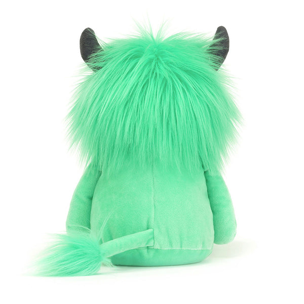 Jellycat Plüsch-Kobold Minze 42 cm von hinten mit grünem Fell und schwarzen Hörnern