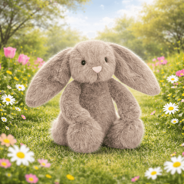 Jellycat Plüschhase Flufflet Fawn sitzt in einer blühenden Wiese umgeben von Blumen