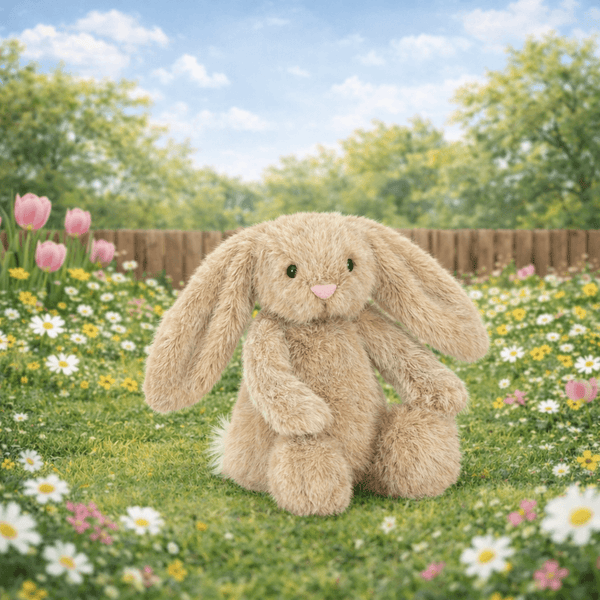 Jellycat Plüschhase Flufflet Oat sitzt auf einer Blumenwiese mit fröhlichen Farben