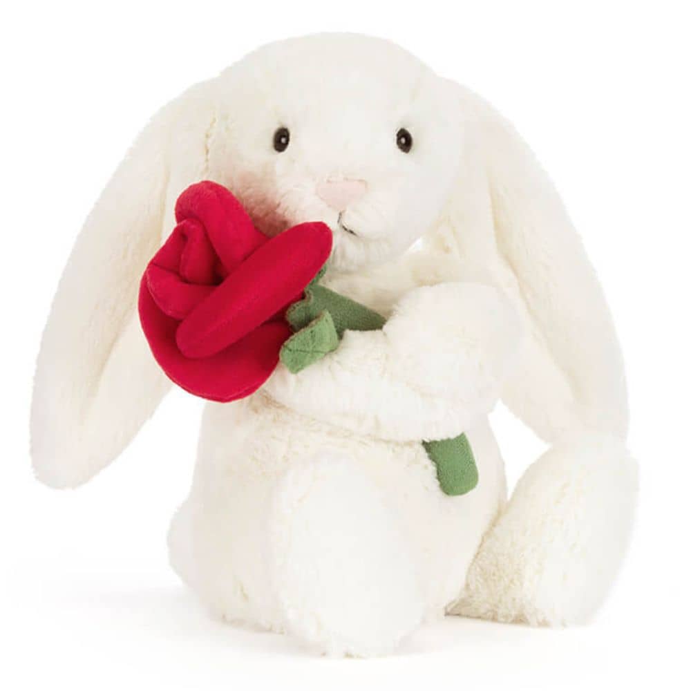 Jellycat Plüschhase mit einer roten Rose, perfekt zum Kuscheln und Schenken