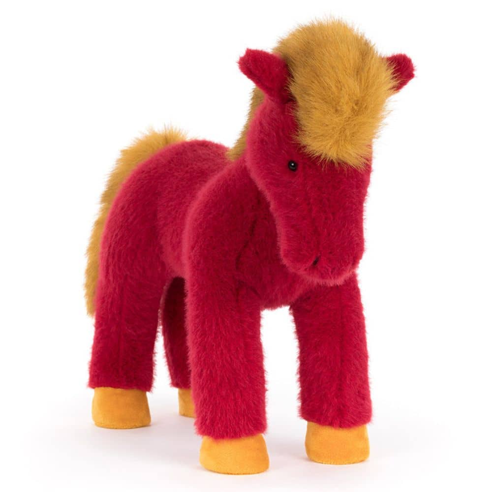 Jellycat plüschtier in Form eines roten Pferdes mit gelben Füßen und einer goldenen Mähne