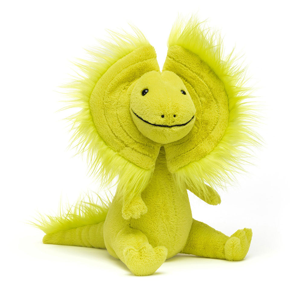 Jellycat Plüsch-Dinosaurier – Dilophosaurus 27 cm in hellem Gelb mit flauschigem Kragen