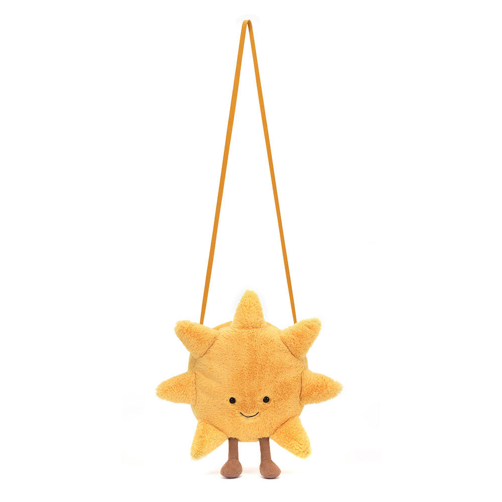 Jellycat Plüsch-Umhängetasche – Lächelnde Sonne in Gelb mit braunem Träger