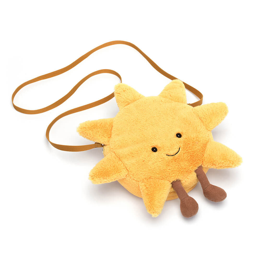 Jellycat Plüsch-Umhängetasche – Lächelnde Sonne in Gelb mit braunem Träger