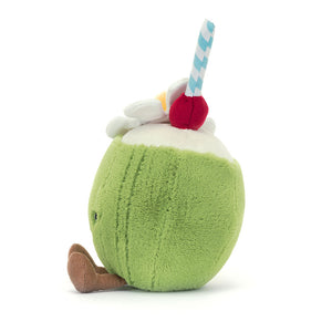 Jellycat Plüschtier Lustige Kokosnuss 15 cm in grün mit Strohalm und Kirsche als Kuscheltier