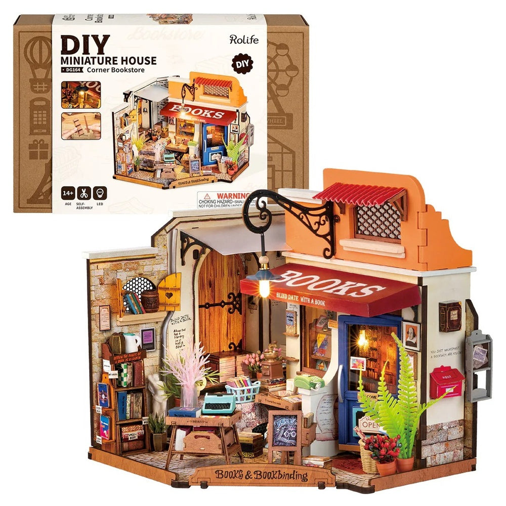 Holzbausatz mit LED Buchladen an der Ecke