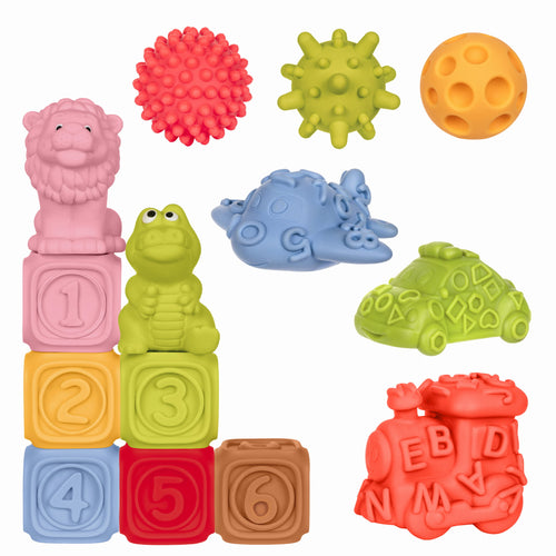 Sensorik-Bausteine Set Montessori 14-teilig mit Pyramide Bällen Fahrzeugen Tieren