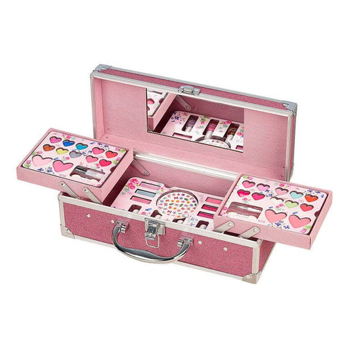 Aufgeklappter Schminkkoffer mit Lidschatten, Lipgloss und Nagellack