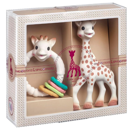Geschenkset Sophie la girafe mit buntem Beißring am Ring