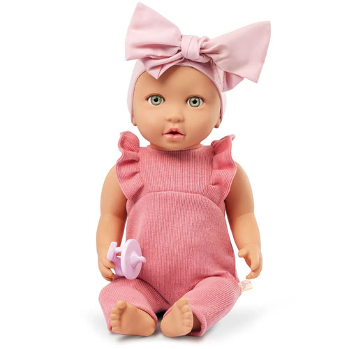 Baby-Puppe mit Schnuller, im Strampler und mit Stirnband