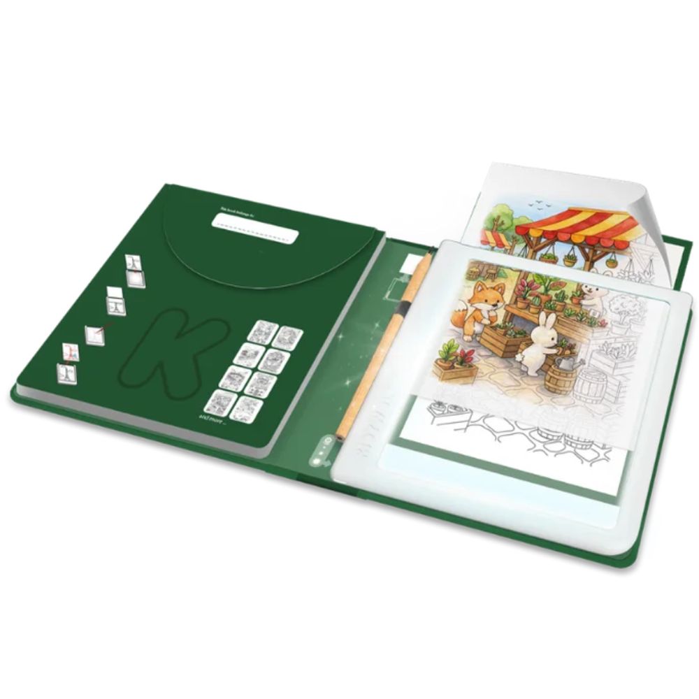 KidyDraw Cozy Leuchttablett in grüner Mappe mit Vorlagen und Bleistift