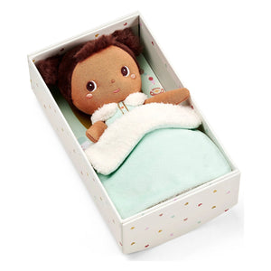 Mini-Puppe Jackie von Lilliputiens in der Schachtel unter der Decke