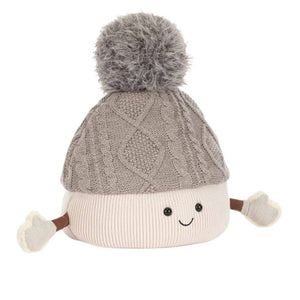 Jellycat Plüsch-Bommelmütze in Beige mit Gesicht und Ärmchen, 26 cm