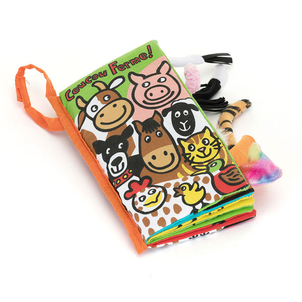 Sensorisches Buch Coucou Ferme von Jellycat mit bunten Bauernhoftieren und verschiedenen Texturen