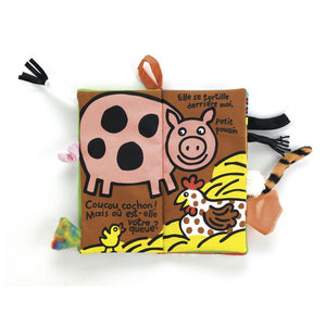 Sensorisches Buch Coucou Ferme von Jellycat mit bunten Bauernhofmotiven und Stoffelementen