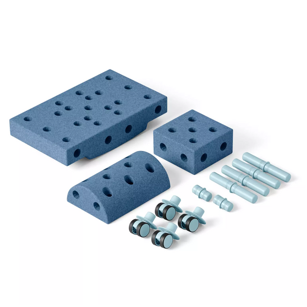 MODU Klocki Set aus blauen Bausteinen mit verschiedenen Formen und Verbindungselementen für kreatives Spielen