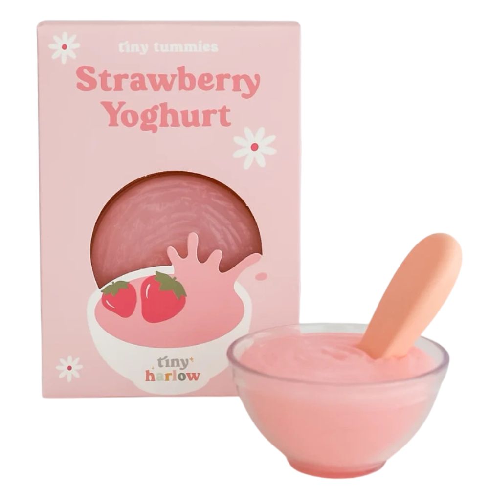 Magische Schale für Puppenfütterung mit rosa Joghurt und Löffel von Tiny Harlow