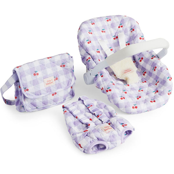Tiny Harlow Puppenzubehör Tasche mit Kinderwagen und Decke in lila mit Kirschen für bezaubernde Puppenabenteuer