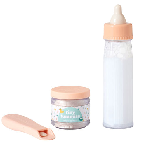 Tiny Tummies Set Babyspielzeug mit Flasche, Babynahrung und Löffel für Puppenliebhaber