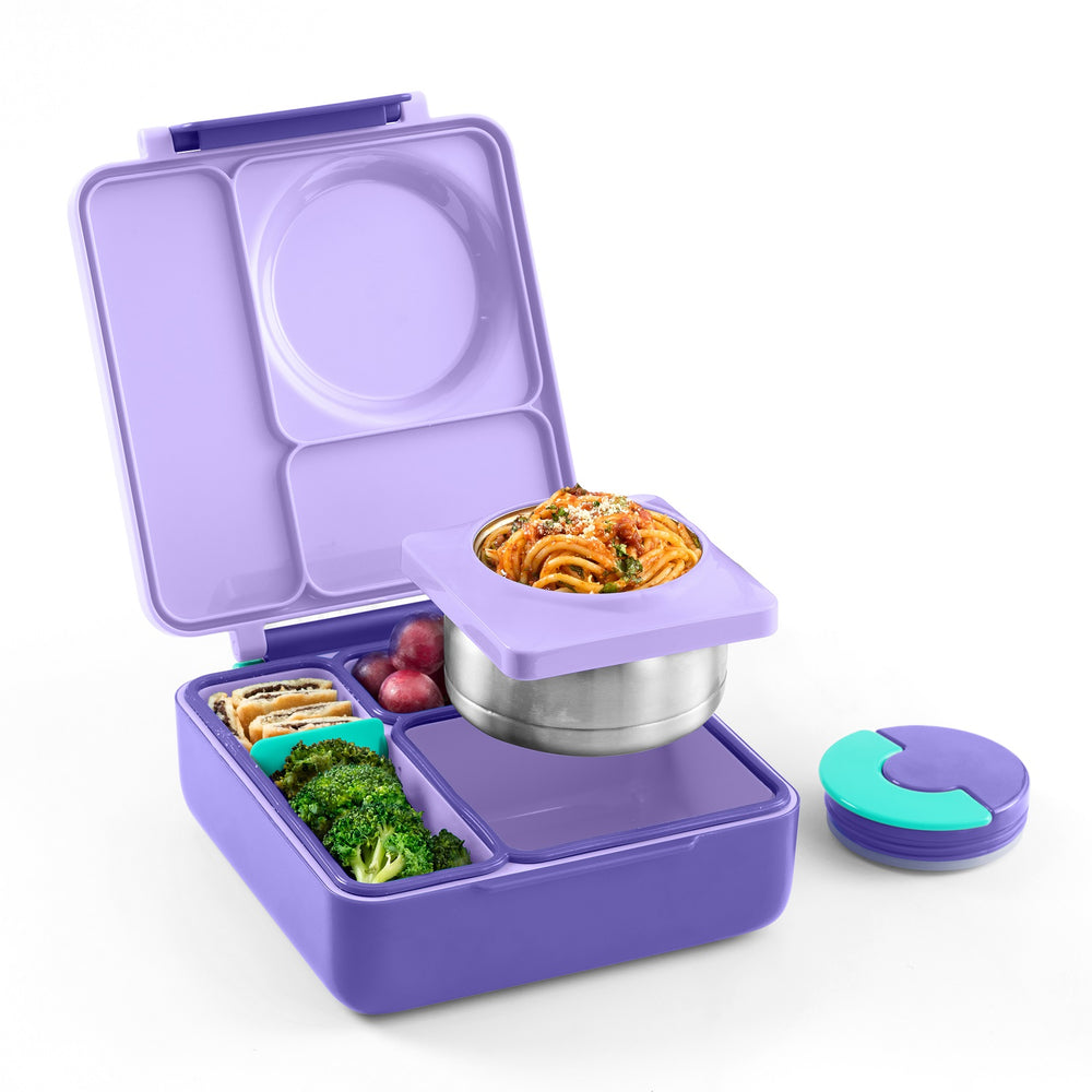 Lunchbox mit Thermoskanne OmieBox – Purple Plum in Lila mit mehreren Fächern und Edelstahl-Thermosbehälter